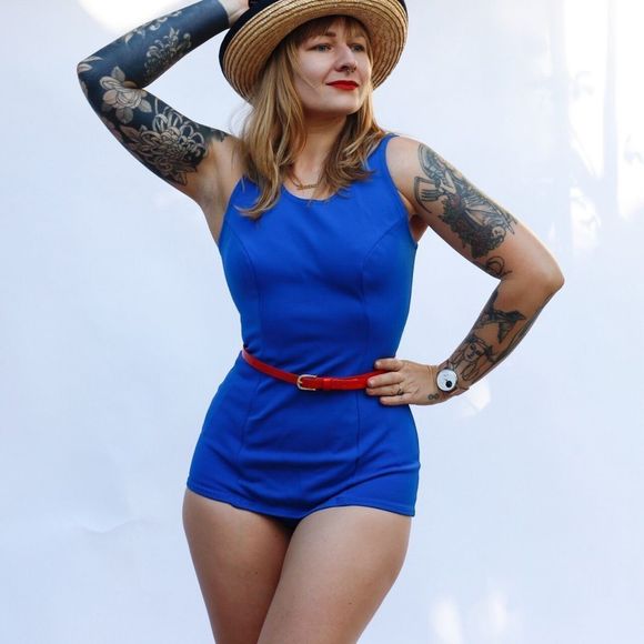 Vintage 60s 70s Retro One Piece Stretch Nylon Swimsuit Pin Up Mod Playsuit Blue - Picture 3 of 16